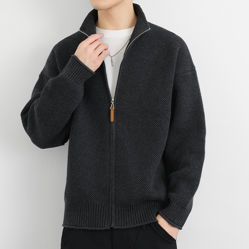 High-End Knitwear Cardigan with Zipper and Stand Collar